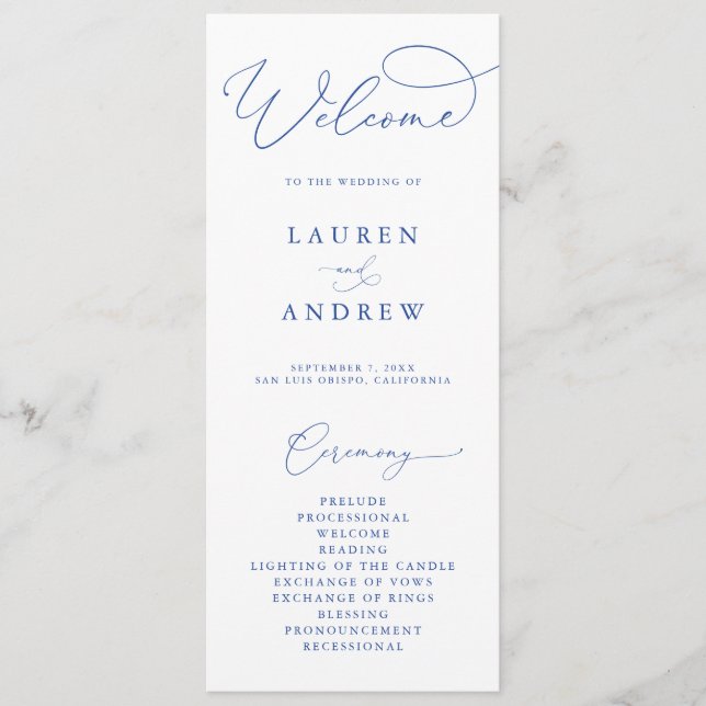 Marseille Bleu & White Minimalistische Hochzeit Programm (Vorderseite)