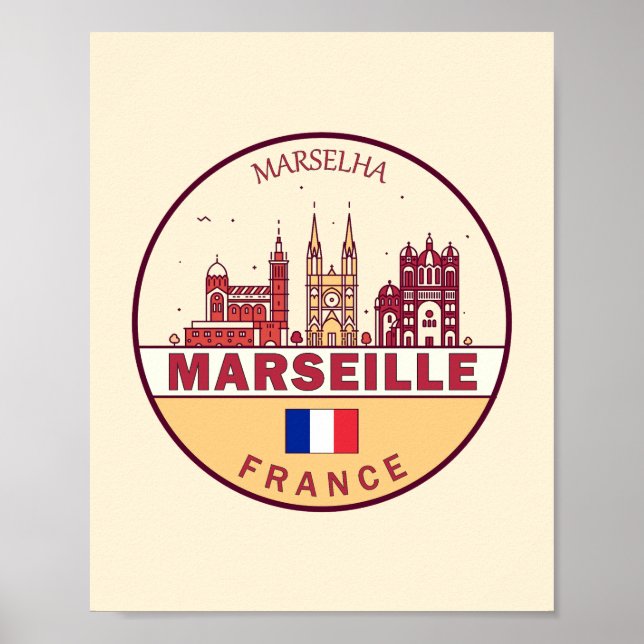 Marseille France City Skyline Emblem Poster (Vorne)