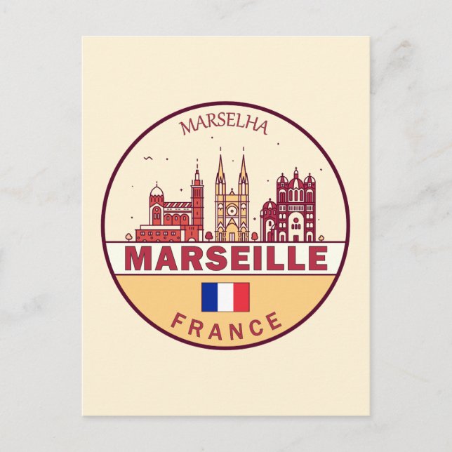Marseille France City Skyline Emblem Postkarte (Vorderseite)