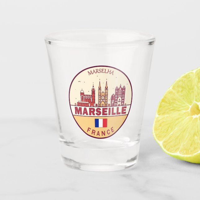 Marseille France City Skyline Emblem Schnapsglas (Vorderseite)
