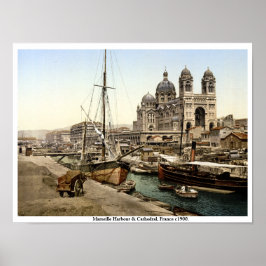 Marseilles Harbour & Cathedral 1900 antique Frankr Poster