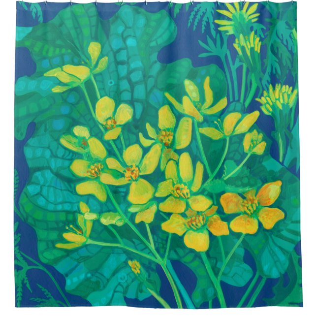 Marsh Marigold Summer Wildblumen Blumengemälde Duschvorhang (Vorderseite)