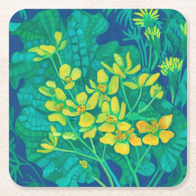 Marsh Marigold Summer Wildblumen Blumengemälde Rechteckiger Pappuntersetzer (Vorderseite)