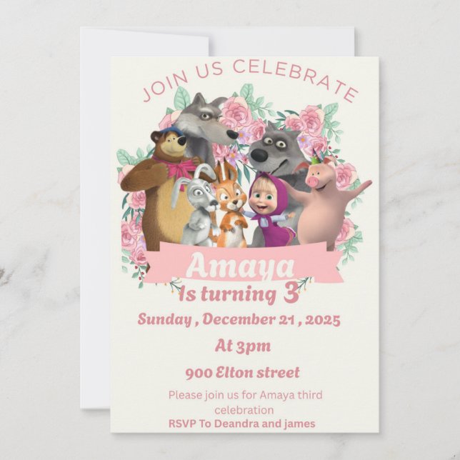 Marsha & Bear birthday invitation theme Einladung (Vorderseite)