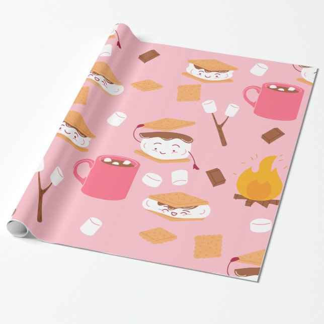 Marshmallow Schokoladenraucher vom Campfire rosa Geschenkpapier (Ungerollt)