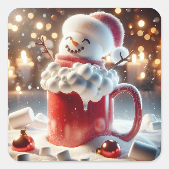 Marshmallow Snowman in heißer Schokolade Quadratischer Aufkleber (Vorderseite)