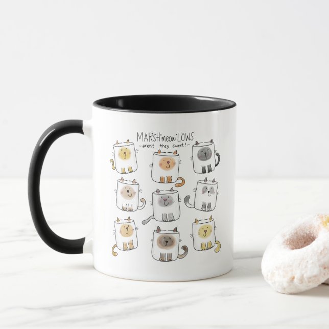 MARSHmeowLOWS Whimsical Wordplay Cat Marshmallows Tasse (Mit Donut)
