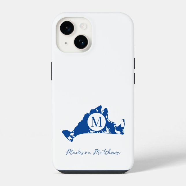 Martha's Vineyard Simple Map Monogram Blue Name iPhone 14 Hülle (Rückseite)