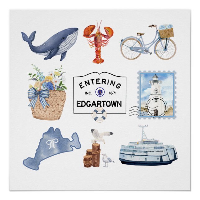 Marthas Vineyard Watercolor Icons Poster (Vorderseite)