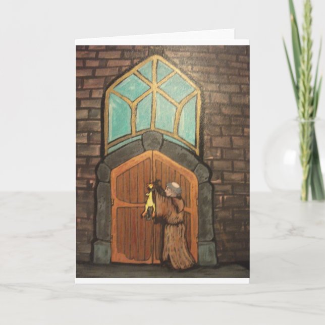 Martin Luther nagelt Gummihühnchen an Kirchtür Karte (Vorderseite)