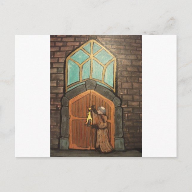 Martin Luther nagelt Gummihühnchen an Kirchtür Postkarte (Vorderseite)