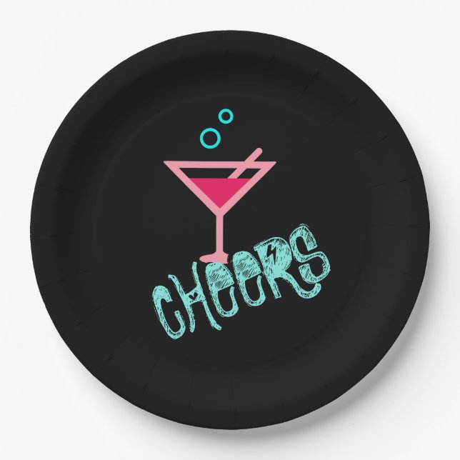 Martini - Alkohol Drink Pop Art, Rosa & Türkis Pappteller (Vorderseite)