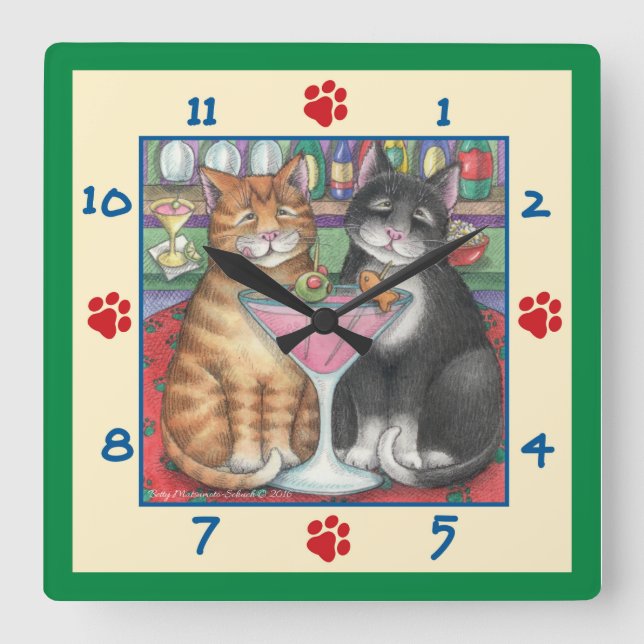Martini Cats Square Wall Clock Quadratische Wanduhr (Vorderseite)