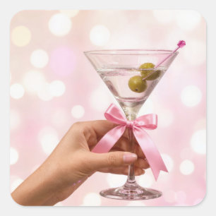 Martini-Cocktail mit rosa Satinschleife Quadratischer Aufkleber