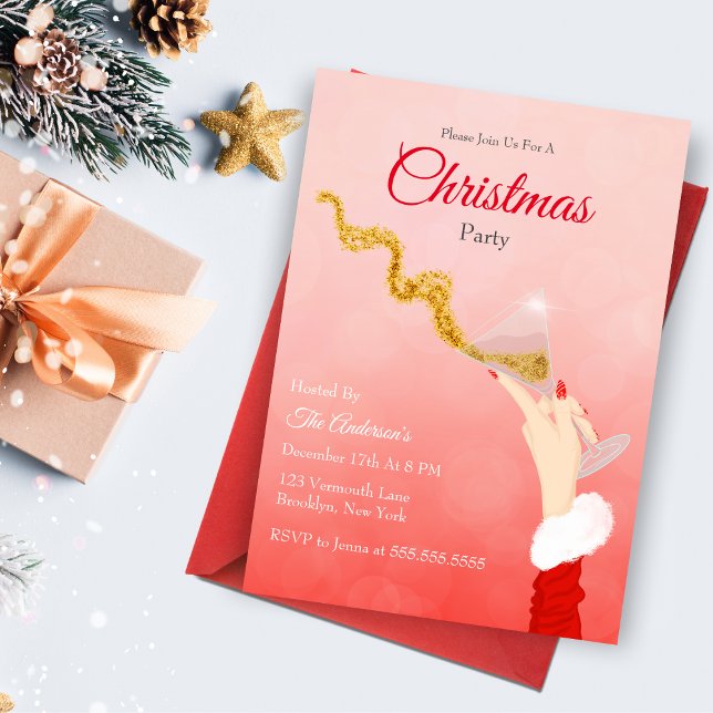 Martini Glass Spilling Weihnachts-Glitzer Party Einladung (This exciting glittering Christmas invitation will sure catch your guest attention! )