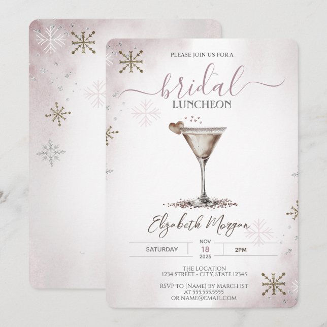 Martini Heart Snowflakes Bridal Luncheon Einladung (Vorne/Hinten)