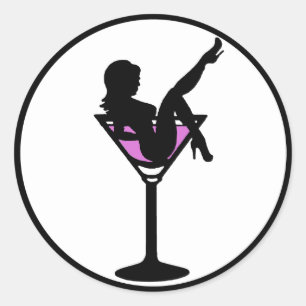 Martini-Mädchen Schwarz-weiße lila Silhouette Aufk Runder Aufkleber