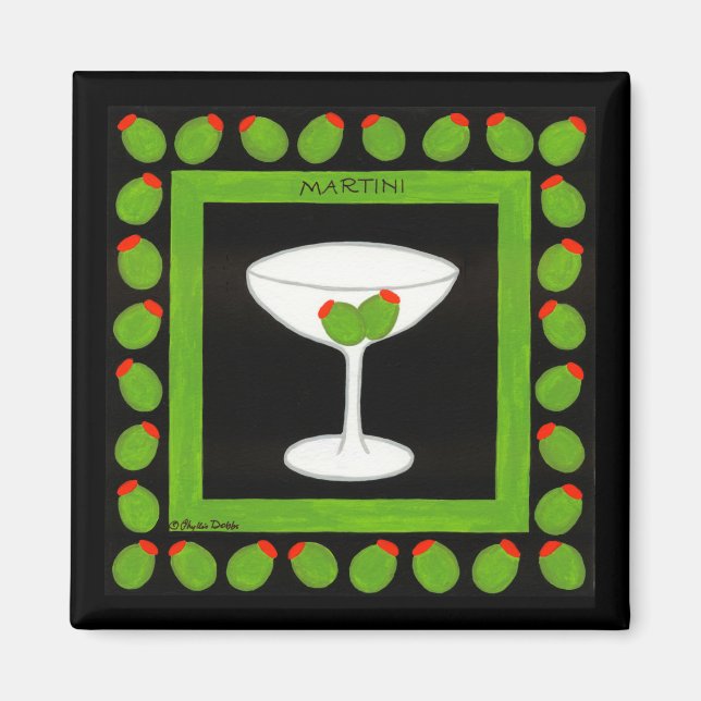 Martini Retro Drink Grüne Oliven auf schwarz Magnet (Vorne)