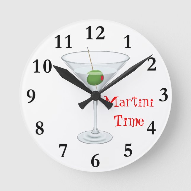 Martini Time Cocktail Glass mit Olive Happy Hour Runde Wanduhr (Vorderseite)