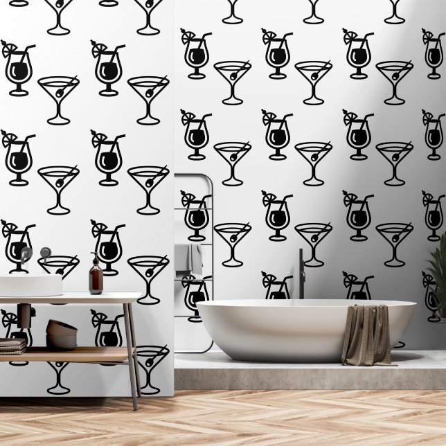 Martini und Cocktails Schwarz und Weiß Modernes Ge Tapete (Badezimmer)