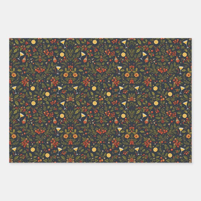 Martinis and Botanicals Holiday Wrapping Paper Geschenkpapier Set (Vorderseite)