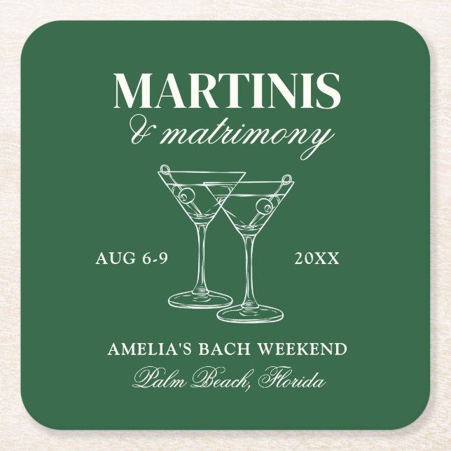 Martinis & Matrimony Bachelorette Wochenende Rechteckiger Pappuntersetzer (Vorderseite)
