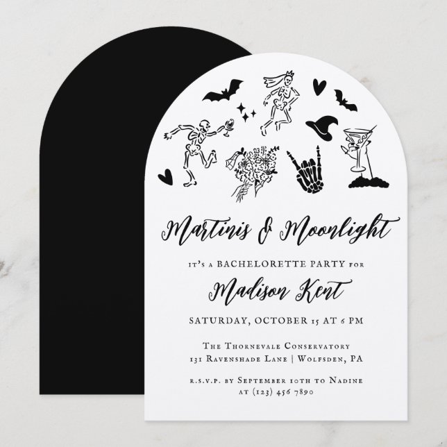 Martinis & Moonlight Spooky Whimsical Bachelorette Einladung (Vorne/Hinten)