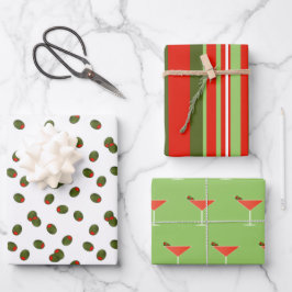 Martinis, Oliven und Streifen Geschenkpapier Set