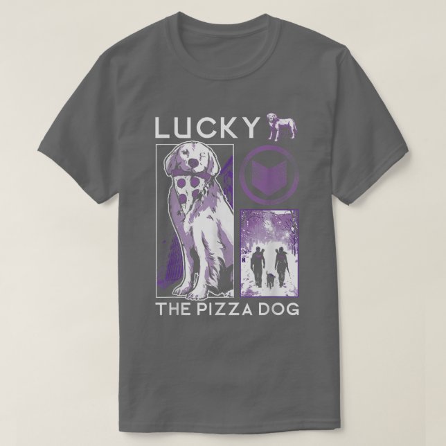 Marvel Hawkeye Lucky Der Pizza Hund Lila Collage T-Shirt (Design vorne)