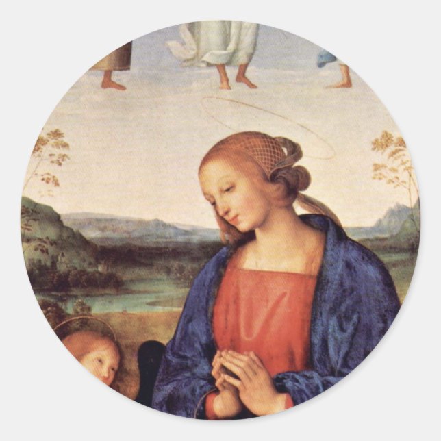 Mary bewundert das Kind mit dem Erzengel Gabriel Runder Aufkleber (Vorderseite)