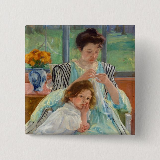 Mary Cassatt - Junge Mutter beim Nähen Button (Vorderseite)
