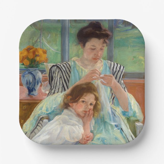 Mary Cassatt - Junge Mutter beim Nähen Pappteller (Vorderseite)