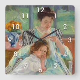 Mary Cassatt - Jungmütternähen Quadratische Wanduhr