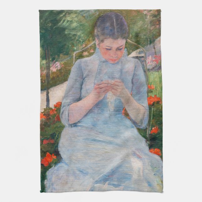Mary Cassatt - Mädchen nähen im Garten Geschirrtuch (Vertikal)