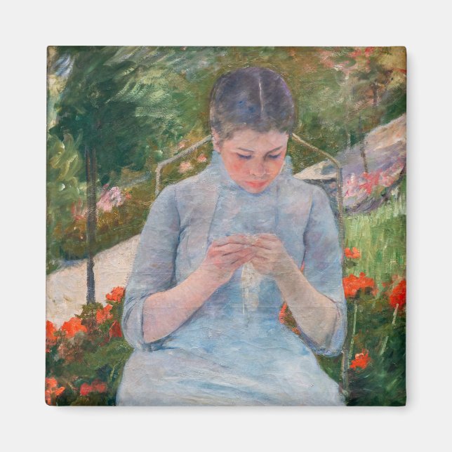 Mary Cassatt - Mädchen nähen im Garten Magnet (Vorne)