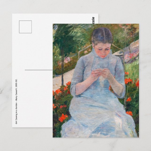 Mary Cassatt - Mädchen nähen im Garten Postkarte (Vorne/Hinten)