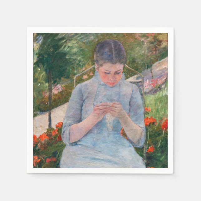 Mary Cassatt - Mädchen nähen im Garten Serviette (Vorderseite)