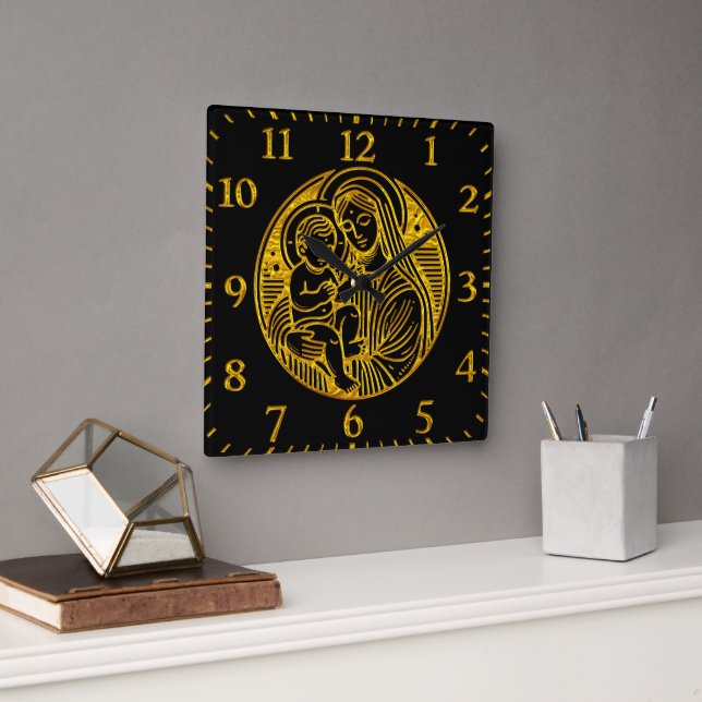 Mary Cradling der Säugling Jesus Gold Quadratische Wanduhr (Büro)