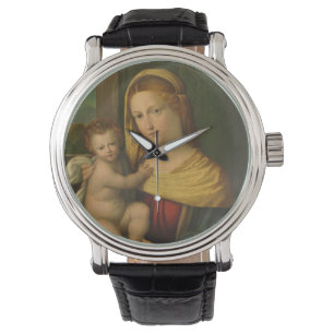 Mary, die Baby Jesus hält Armbanduhr