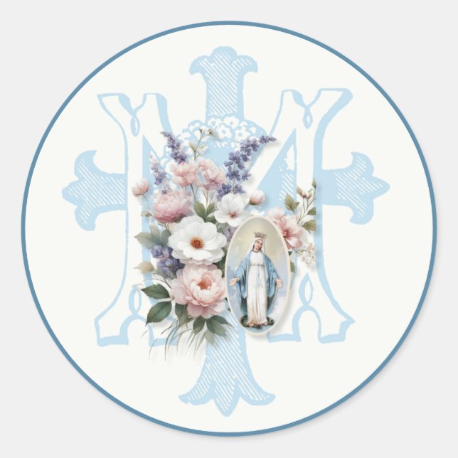 Mary Floral Monogram Marian Cross Religious Runder Aufkleber (Vorderseite)