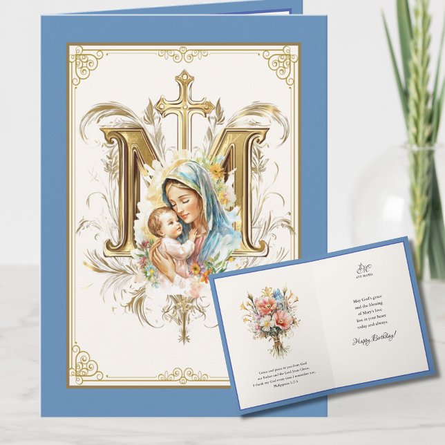 Mary Jesus Floral Scripture Blue Gold Karte (Von Creator hochgeladen)