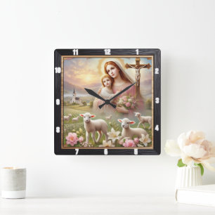 Mary Jesus Lambs Spiritual Quadratische Wanduhr