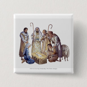 Mary, Joseph und Schäfer, die Baby Jesus umgeben Button
