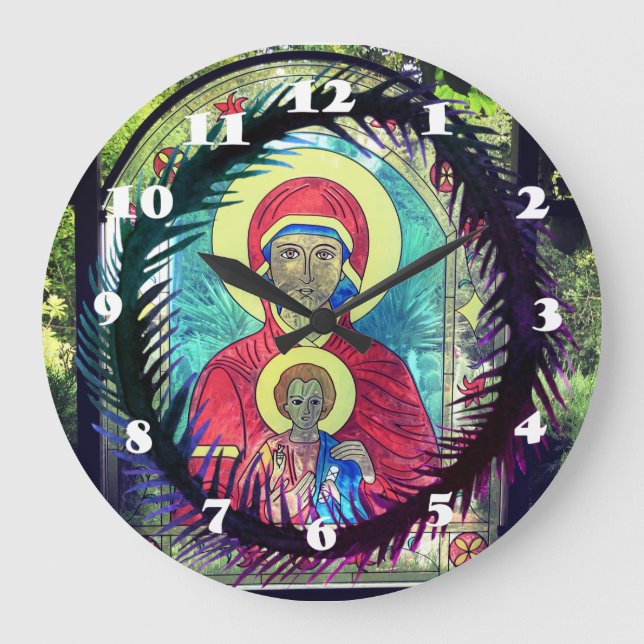 Mary-Mutter, orthodoxe Ikonen-Wanduhr Baby-Jesuss Große Wanduhr (Vorderseite)