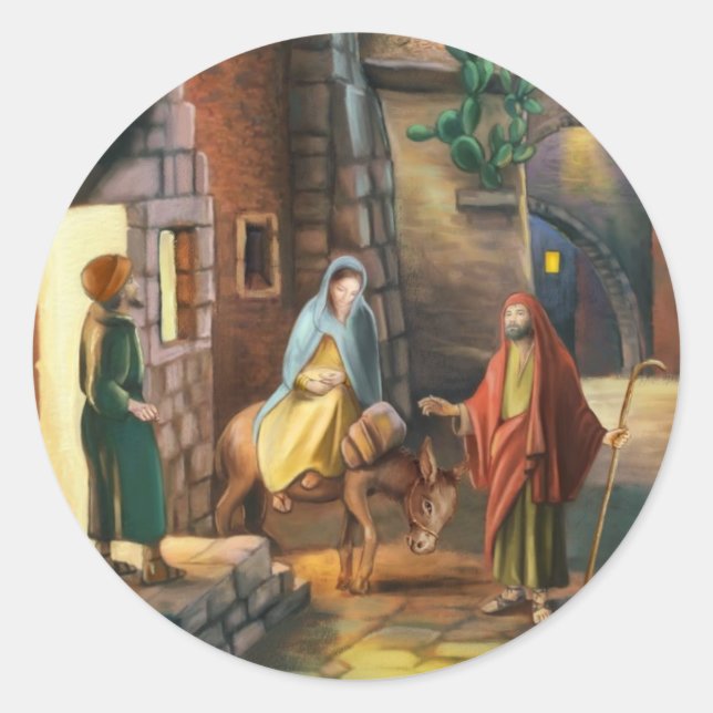 Mary und Joseph mit einem Esel am Heiligen Abend Runder Aufkleber (Vorderseite)