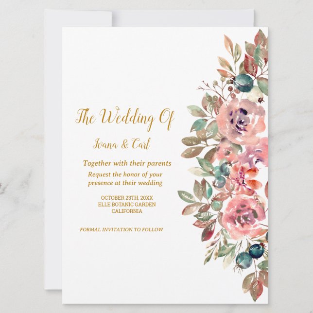 MARY Watercolor Rose Emerald Green Wedding Einladung (Vorderseite)