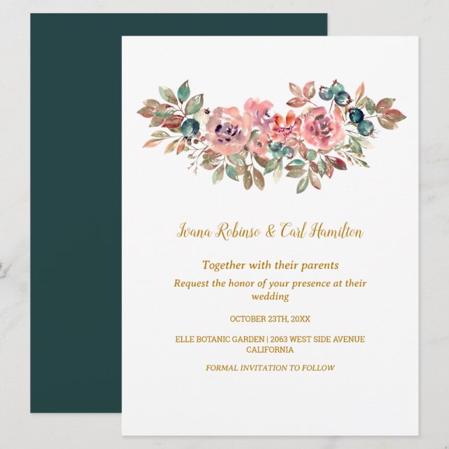 MARY Watercolor Rose Emerald Green Wedding Einladung (Vorne/Hinten)