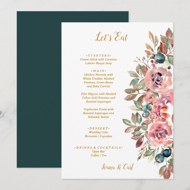 MARY Watercolor Rose Emerald Green Wedding Menükarte (Vorne/Hinten)