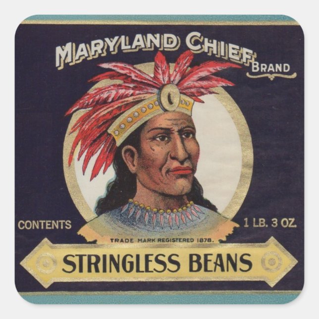 Maryland Chief Stringless Beans Label der 1930er J Quadratischer Aufkleber (Vorderseite)