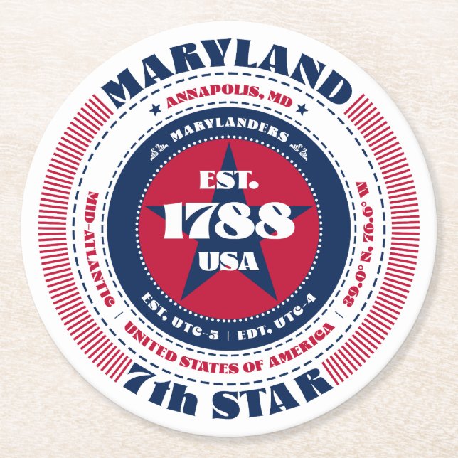 Maryland Red White Blue Typografie Runder Pappuntersetzer (Vorderseite)